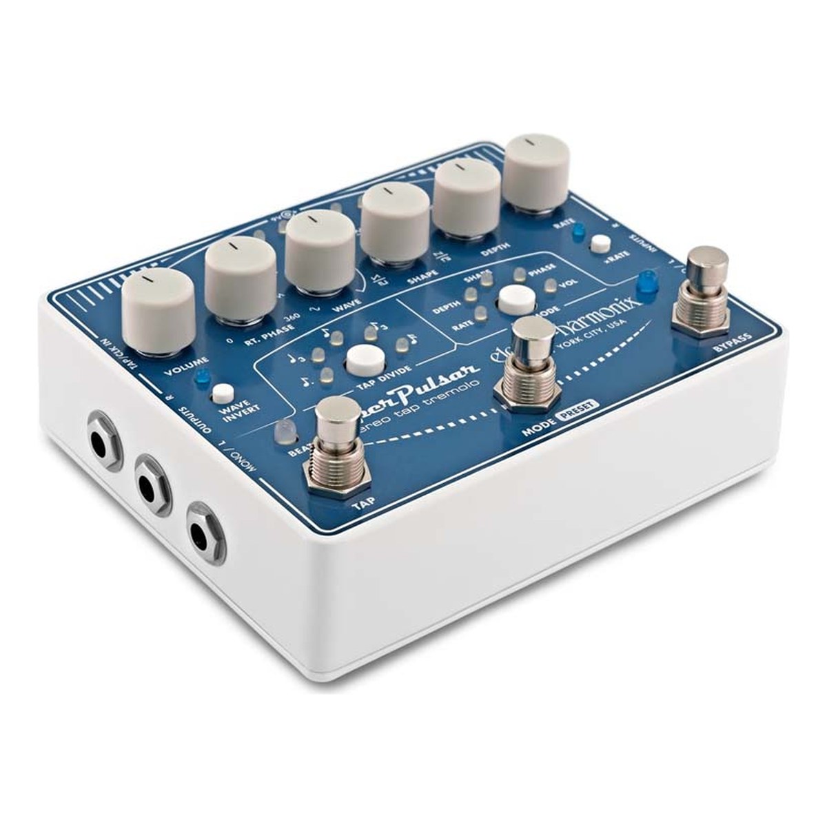 Phơ Tremolo Electro-Harmonix Super Pulsar Stereo Tap Tremolo – Góc nghiêng Super Pulsar thấy vỏ trắng và các jack ở cạnh bên