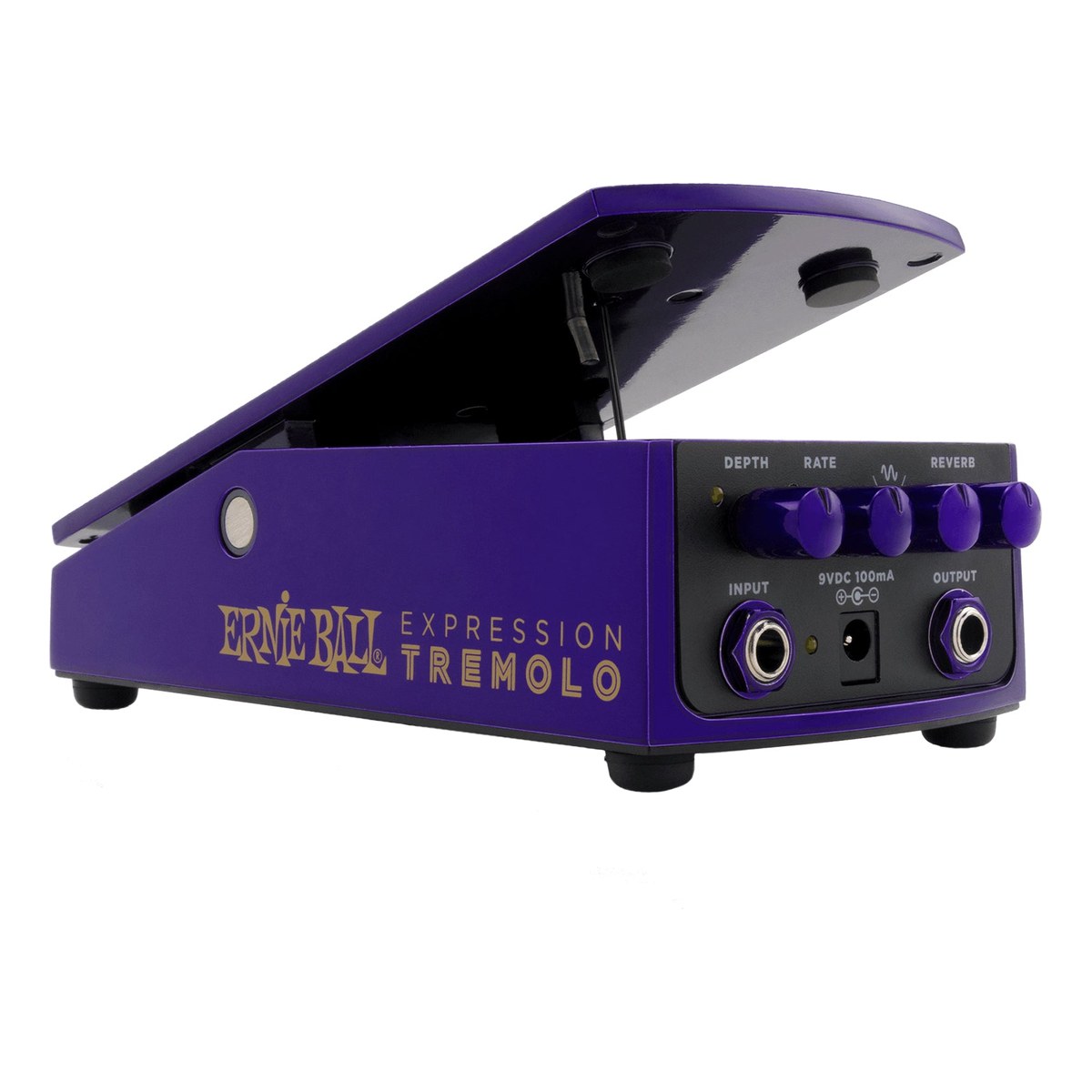Phơ Tremolo Ernie Ball Expression Tremolo – cạnh bên với cụm núm DEPTH, RATE, chọn dạng sóng, REVERB