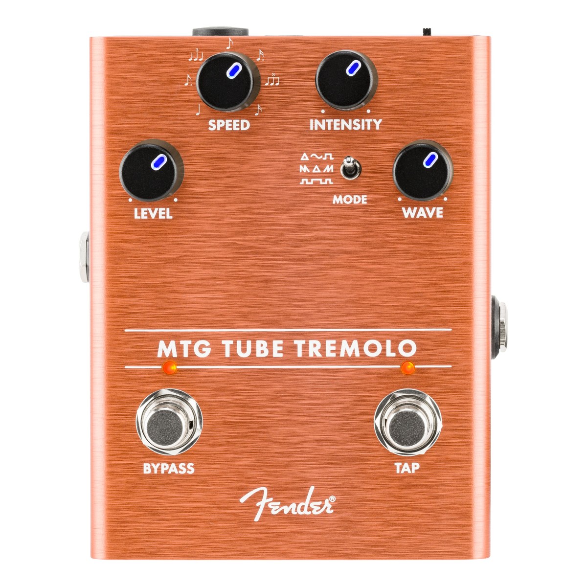 Phơ Tremolo Fender MTG Tube Tremolo – mặt trên MTG Tube Tremolo với núm Speed, Intensity, Level, Wave, công tắc Mode và footswitch Bypass, Tap