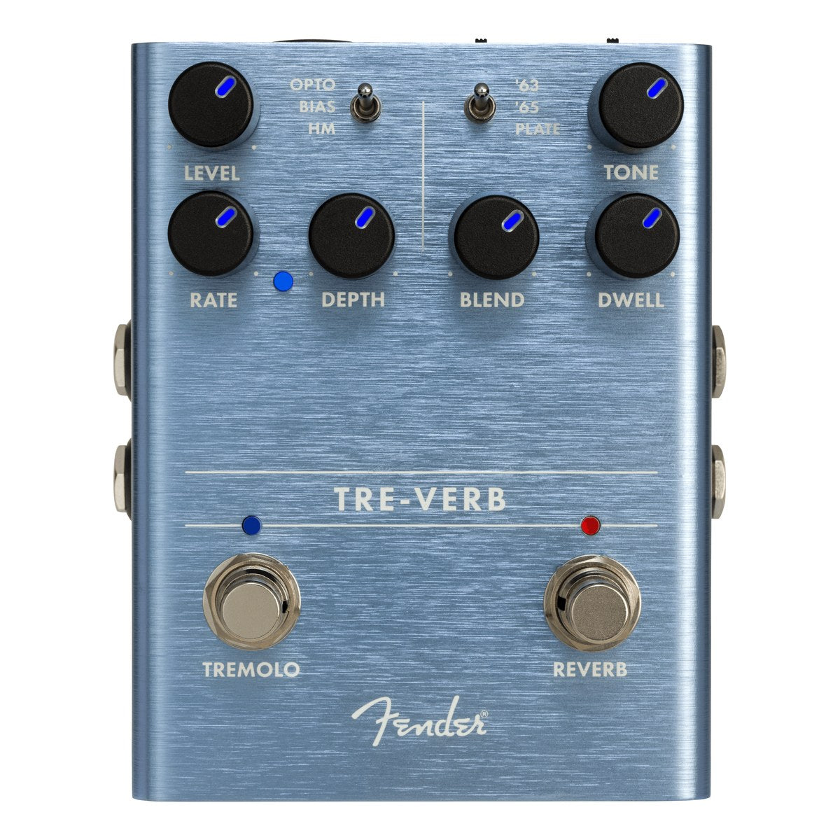 Mặt trên Fender Tre-Verb với công tắc OPTO/BIAS/HM, '63/'65/PLATE, các núm LEVEL, RATE, DEPTH, BLEND, DWELL, TONE và hai footswitch TREMOLO, REVERB