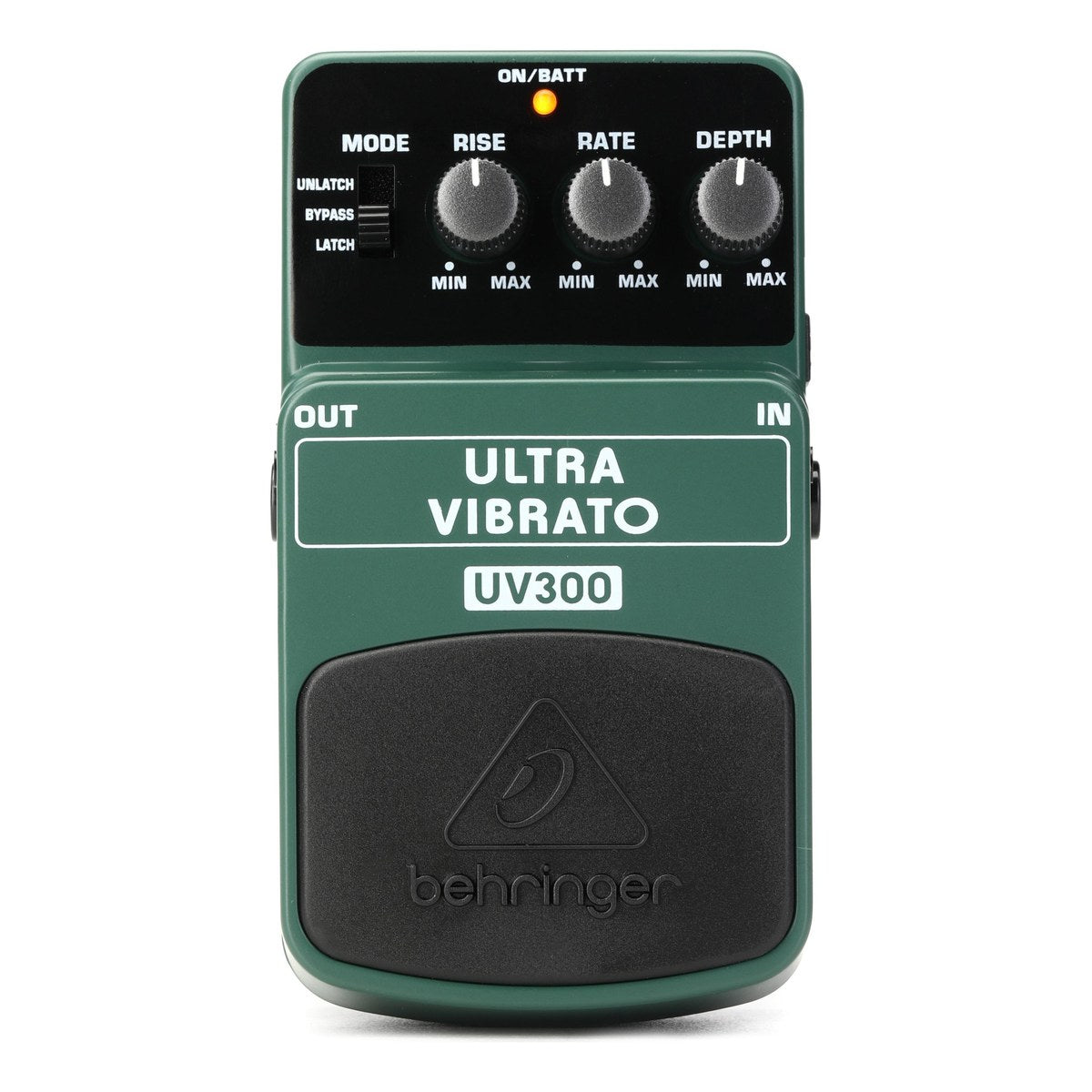 Behringer UV300 Ultra Vibrato chụp thật mặt trên: công tắc MODE, núm RISE, RATE, DEPTH và đèn ON/BATT