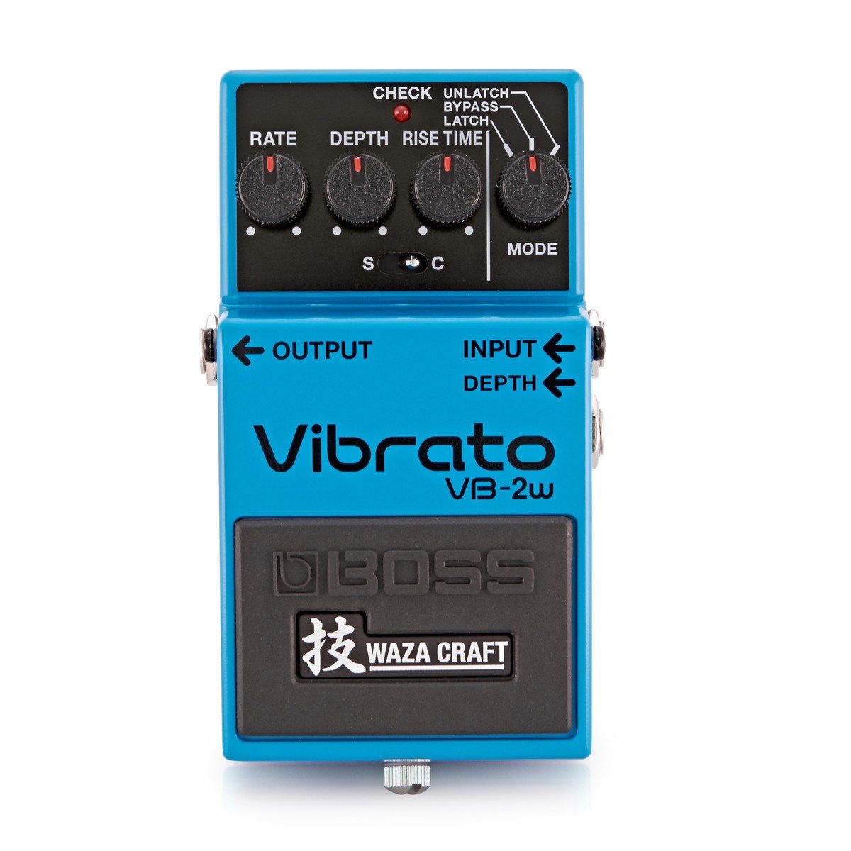 Phơ Vibrato BOSS VB-2W Waza Craft Vibrato – mặt trên với núm RATE, DEPTH, RISE TIME, MODE và công tắc S/C