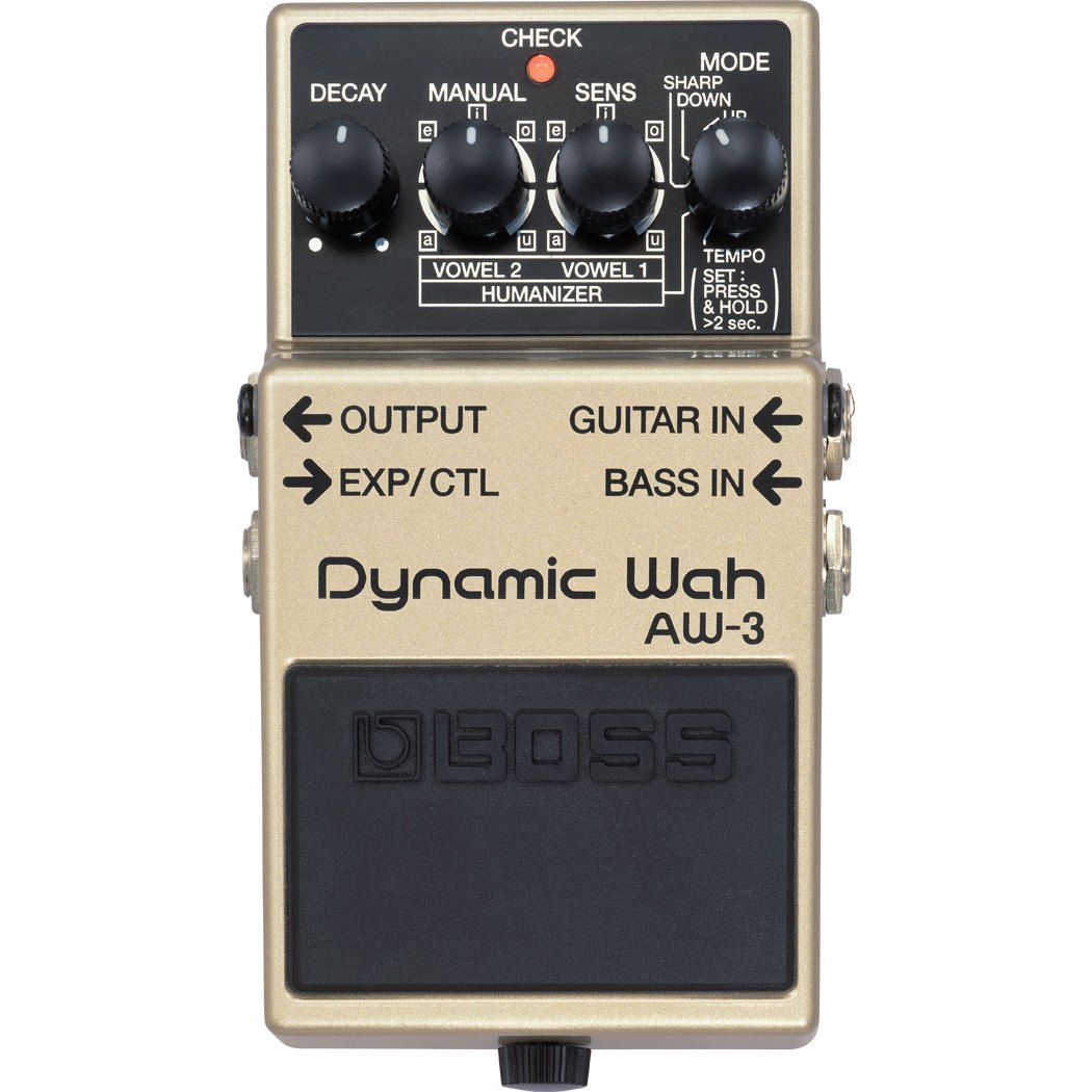 Phơ Wah BOSS AW-3 Dynamic Wah – mặt trên nhìn thẳng với núm DECAY, MANUAL, SENS, MODE và đèn CHECK