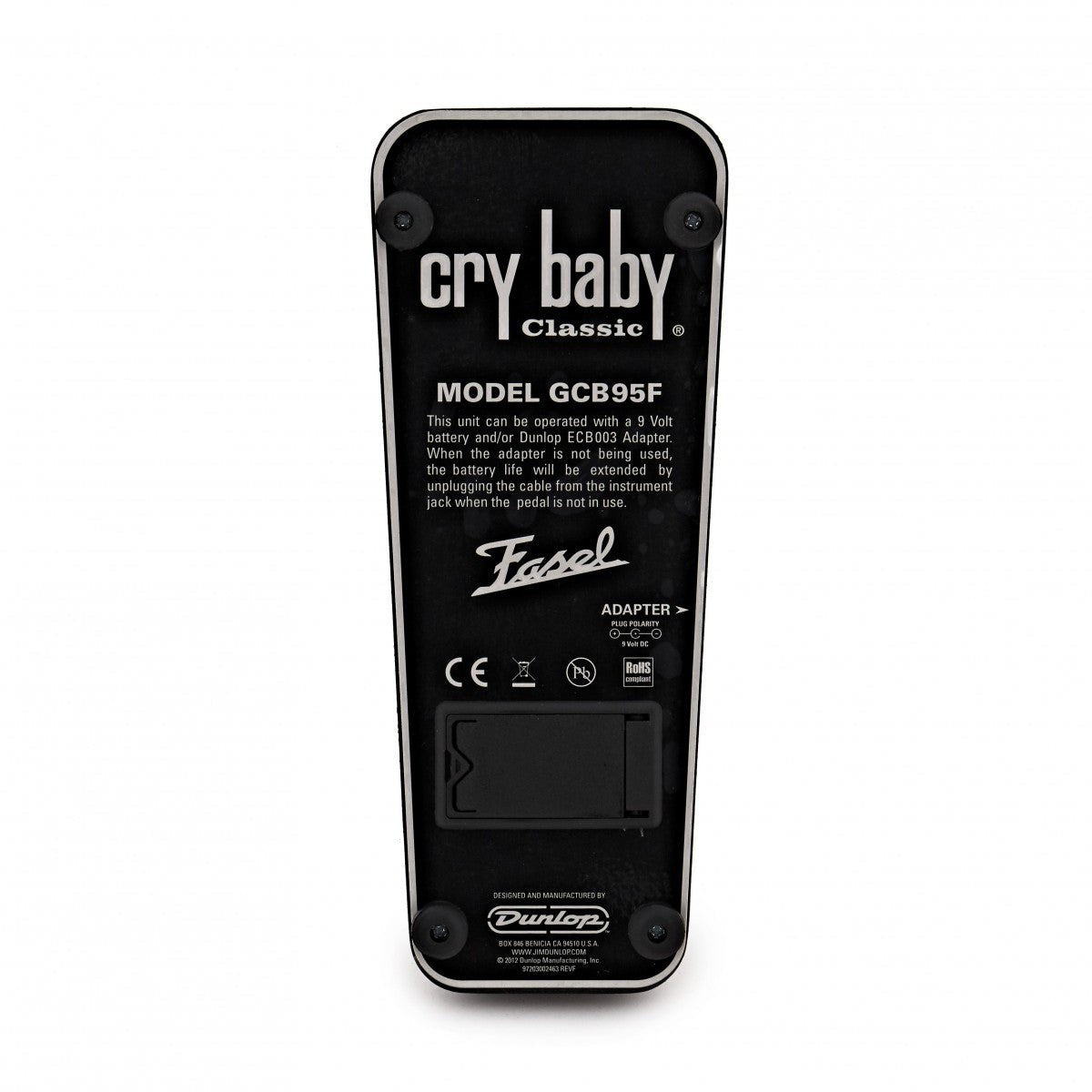 Phơ Wah Dunlop Cry Baby GCB95F Classic – mặt đáy in MODEL GCB95F, logo Fasel và nắp pin 9V
