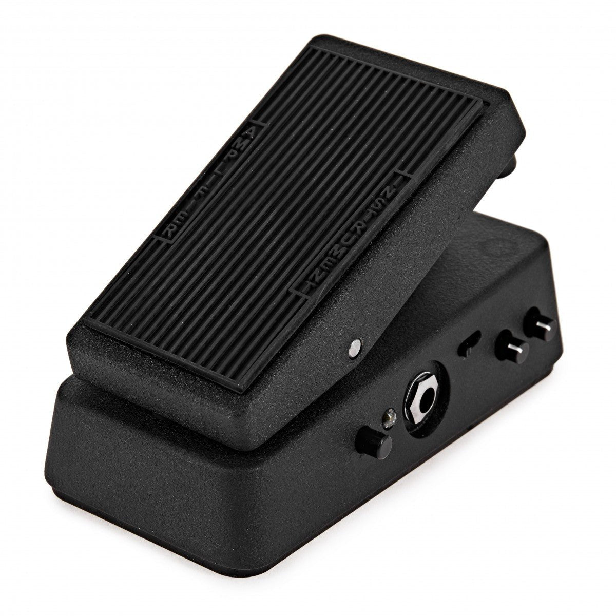 Phơ Wah Dunlop Cry Baby Q Mini CBM535Q – góc nghiêng 3/4 cạnh phải với jack Instrument và các nút chỉnh