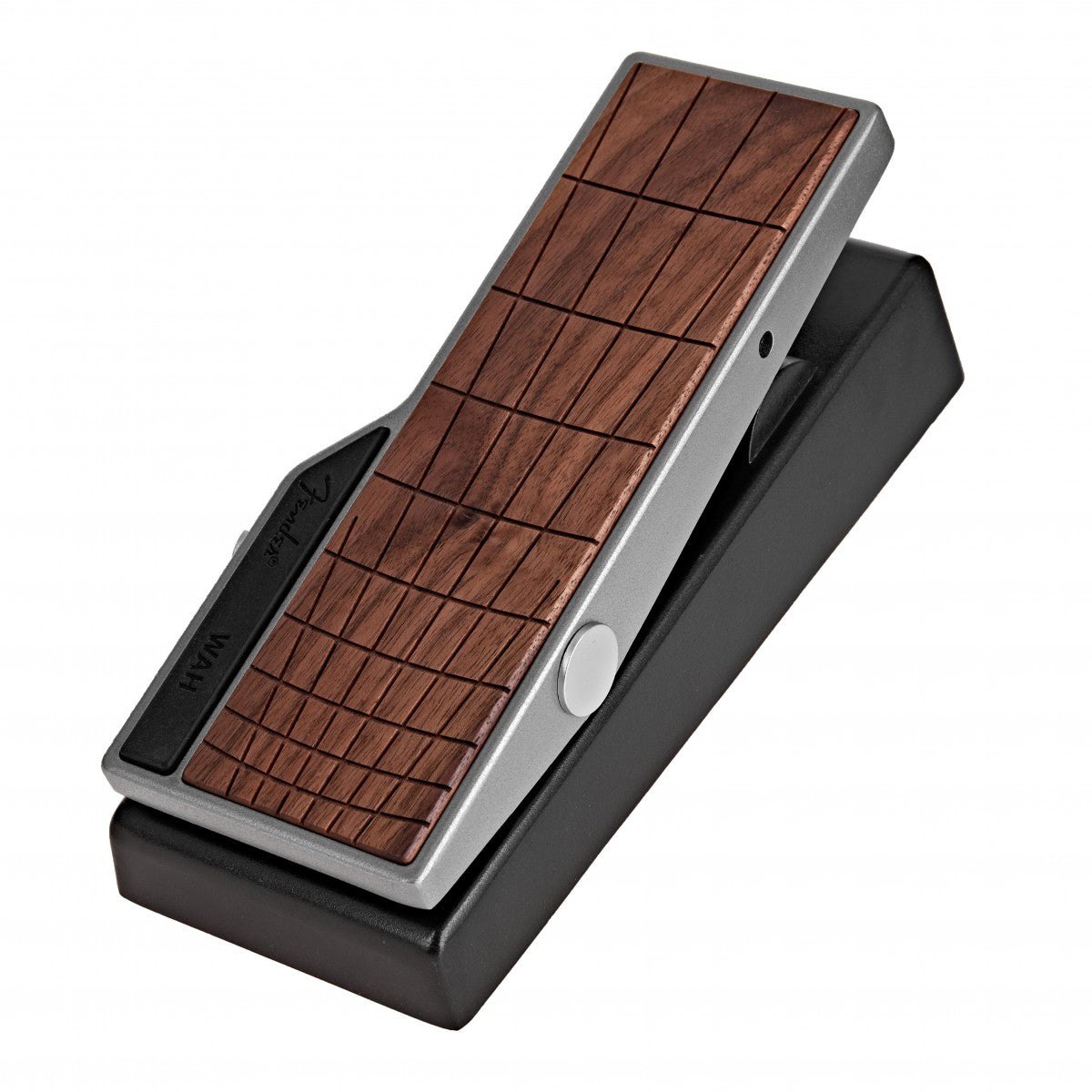Phơ Wah Fender Tread-Light – góc nghiêng trái thấy bàn đạp ốp gỗ walnut và logo WAH