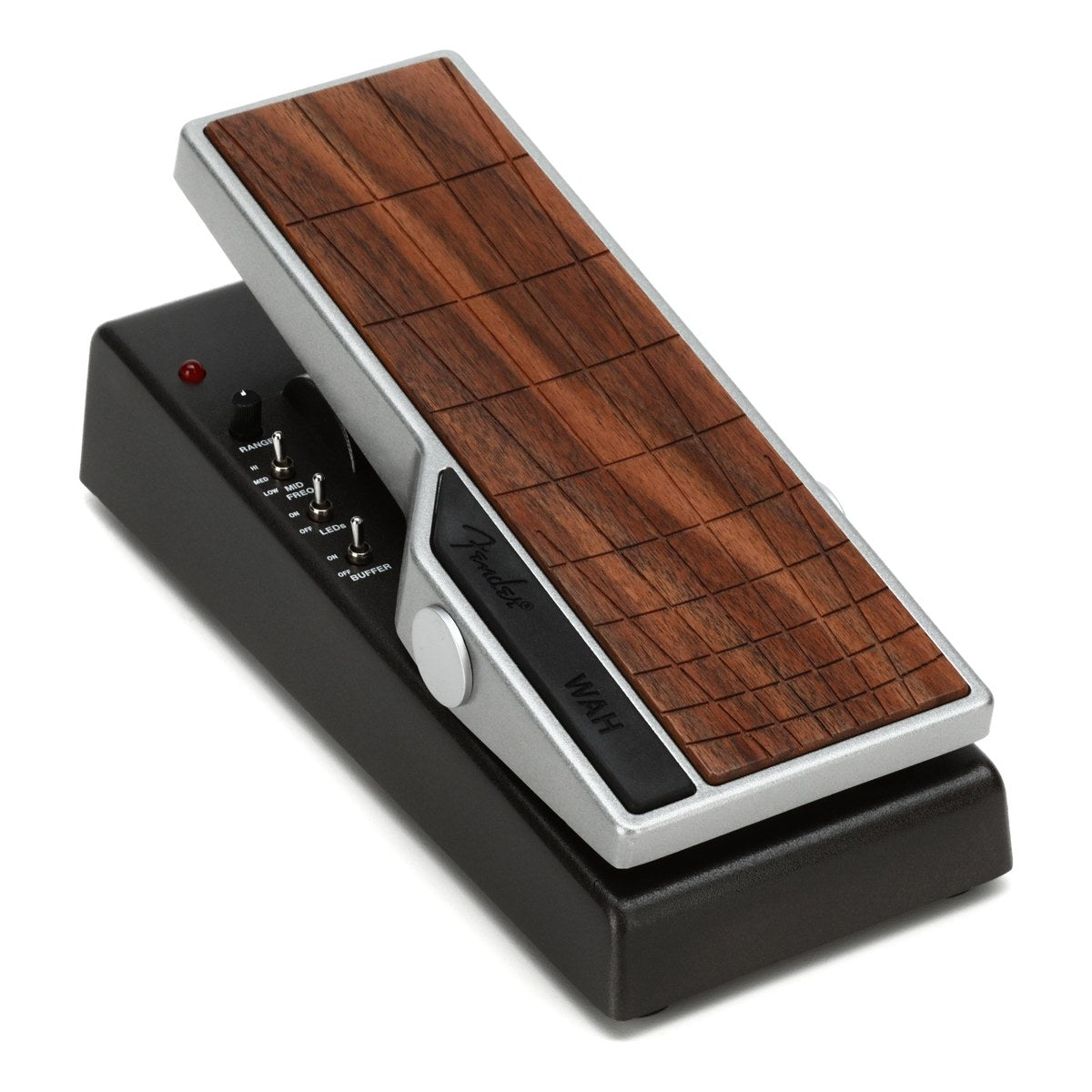 Fender Tread-Light Wah nhìn nghiêng: treadle vân gỗ khắc vạch, khung bạc, đế đen, núm Range và các công tắc Mid Freq, LEDs, Buffer bên hông