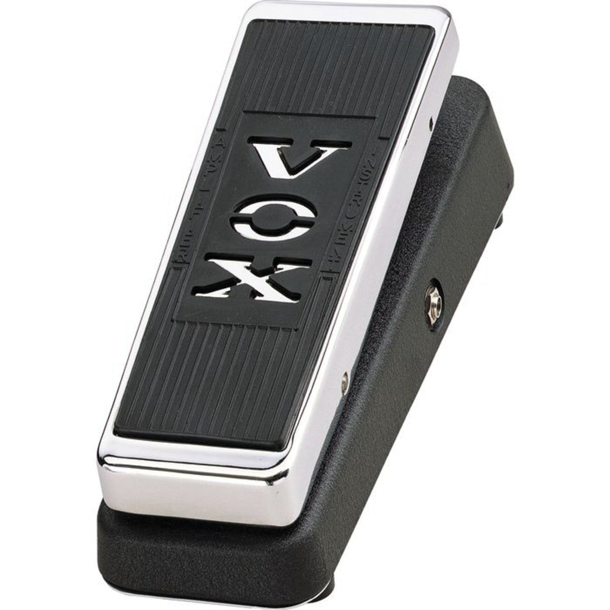 Phơ Wah Vox V847A – góc nghiêng 3/4, bàn đạp viền chrome, logo VOX nổi, thân đen sơn sần