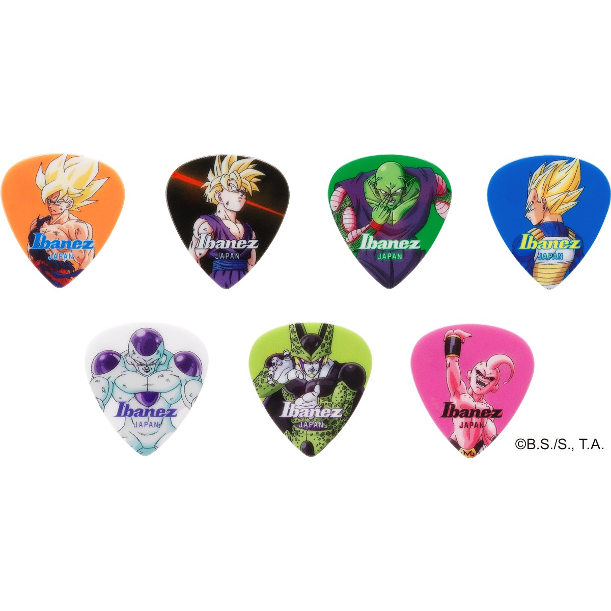 Mặt trước 7 pick Ibanez Dragon Ball Z: Son Goku, Son Gohan, Piccolo, Vegeta, Frieza, Cell, Buu