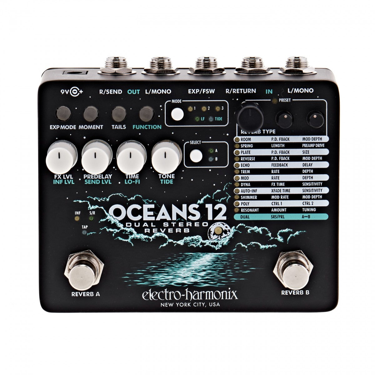 Reverb Pedal Guitar Electro Harmonix Oceans 12 Dual Stereo