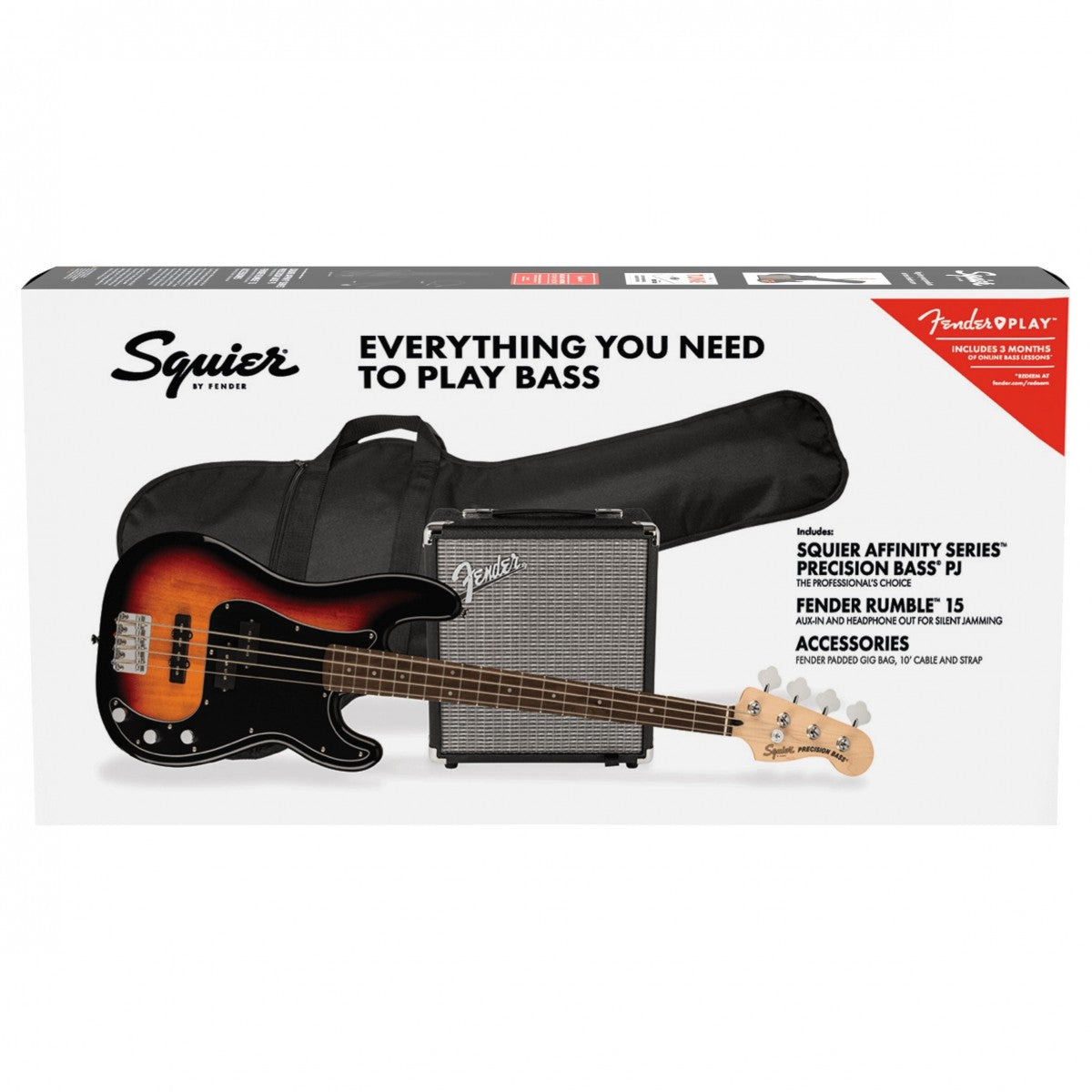 Squier Affinity Precision Bass PJ Pack, Indian Laurel Fingerboard, 3-Color Sunburst