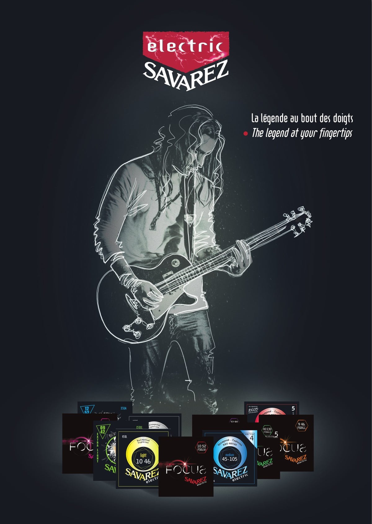 Bìa brochure dây đàn Savarez Electric – “La légende au bout des doigts / The legend at your fingertips”