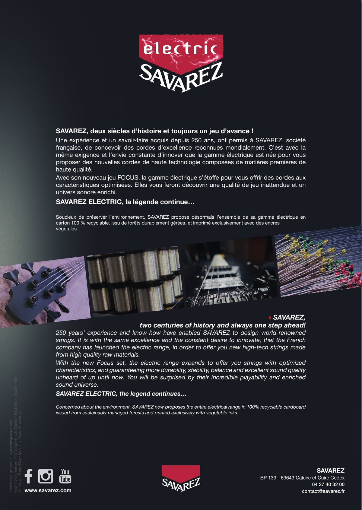Brochure Savarez Electric: giới thiệu thương hiệu Savarez và hộp giấy tái chế được 100%