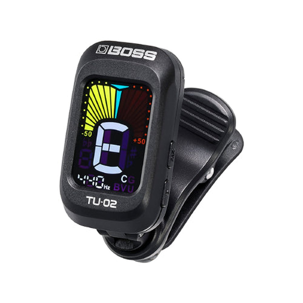 Tuner Kẹp BOSS TU-02 Clip-On Tuner – góc nghiêng 3/4 thấy màn hình LCD màu và ngàm kẹp lò xo