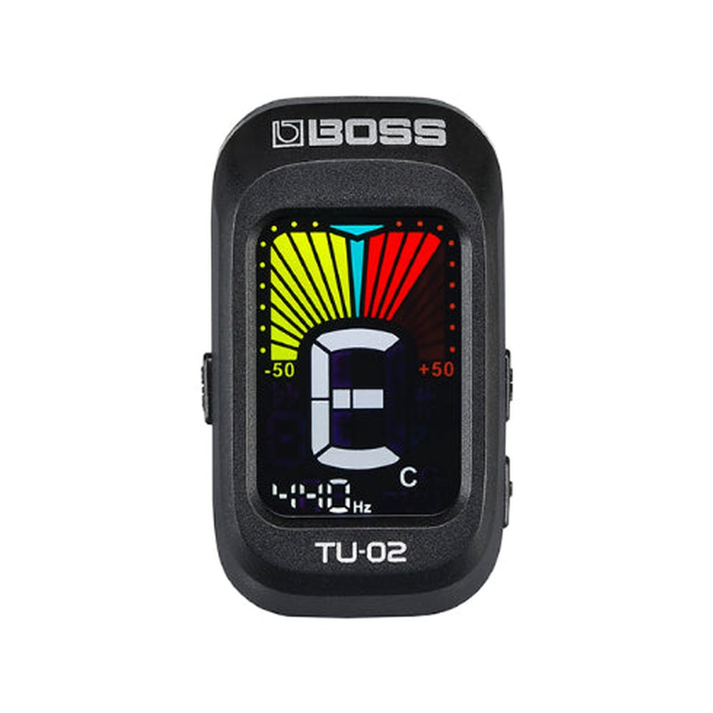 Tuner Kẹp BOSS TU-02 Clip-On Tuner – mặt trước màn hình LCD màu hiển thị nốt E và logo BOSS