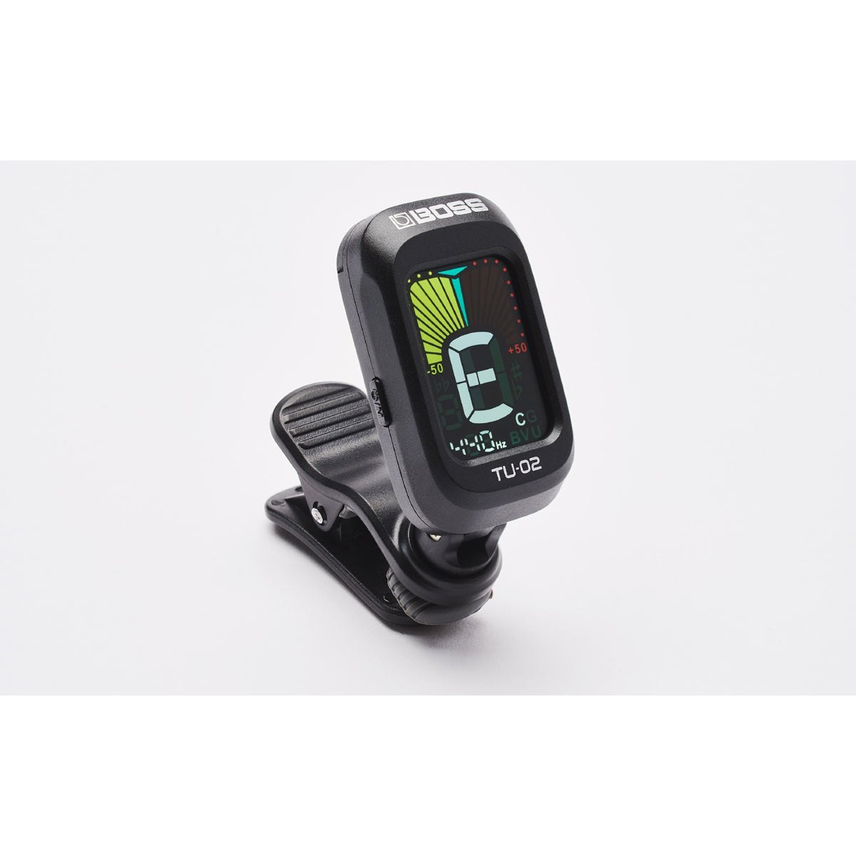 Tuner Kẹp BOSS TU-02 Clip-On Tuner – góc nghiêng bên trái, thấy rõ ngàm kẹp và khớp xoay màn hình