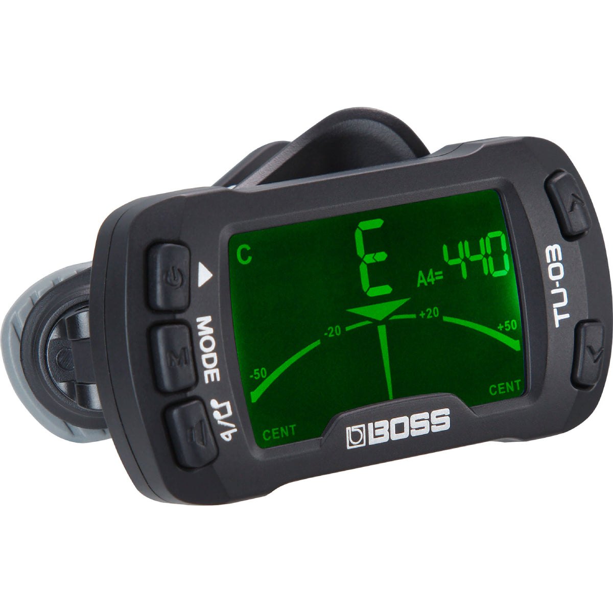 Tuner Kẹp BOSS TU-03 Clip-On Tuner & Metronome – góc nghiêng thấy ngàm kẹp phía sau và các nút MODE bên trái