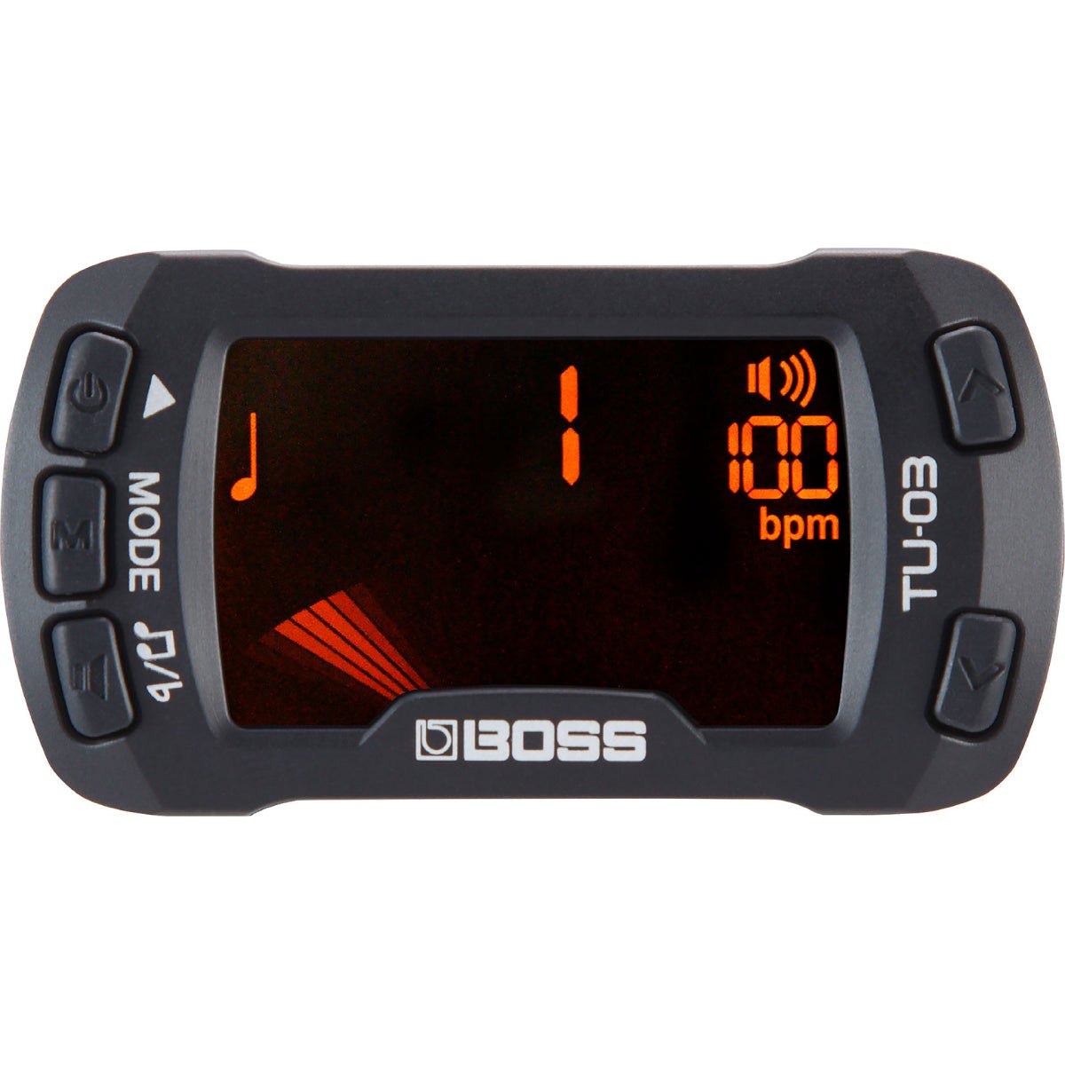 Tuner Kẹp BOSS TU-03 Clip-On Tuner & Metronome – màn hình ở chế độ metronome, hiển thị nhịp 100 bpm