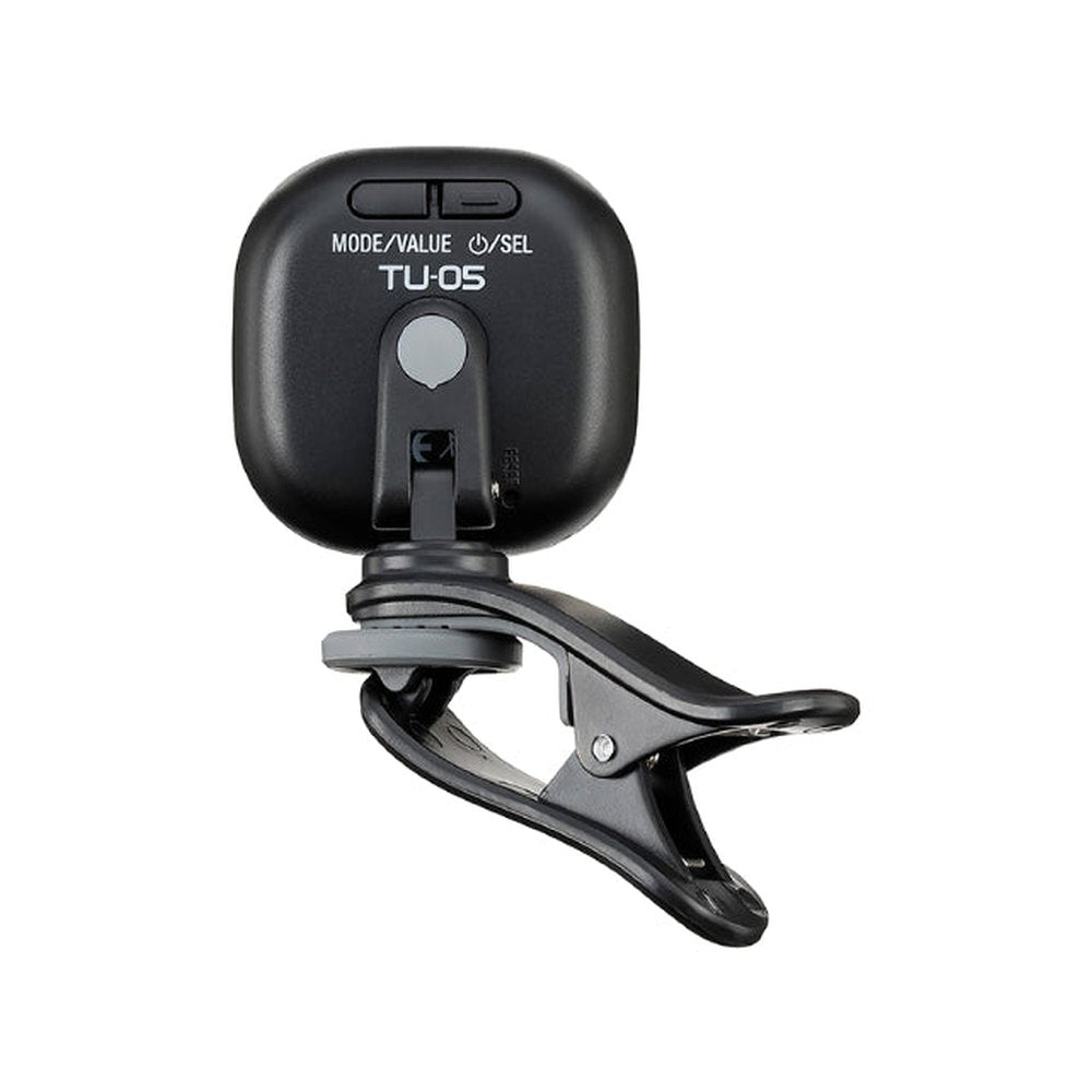 Tuner Kẹp Sạc Pin BOSS TU-05 Clip-On Tuner – mặt sau với nút MODE/VALUE, C/SEL và khớp xoay gắn kẹp